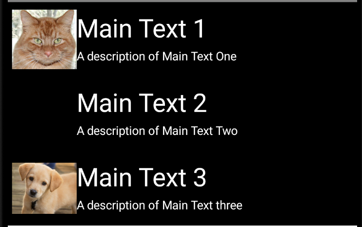 ListView elements for layout Image,MainText,DetailText